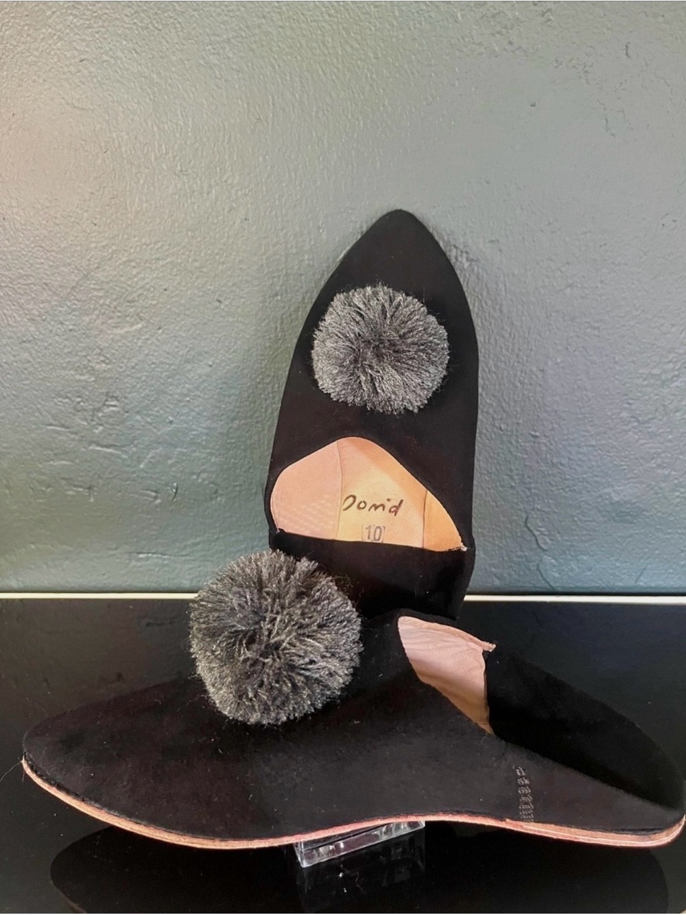 Alexandra Gater Pom'd Black Velvet The Midnight Slipper Mules Pom Pom Flat, Sz10